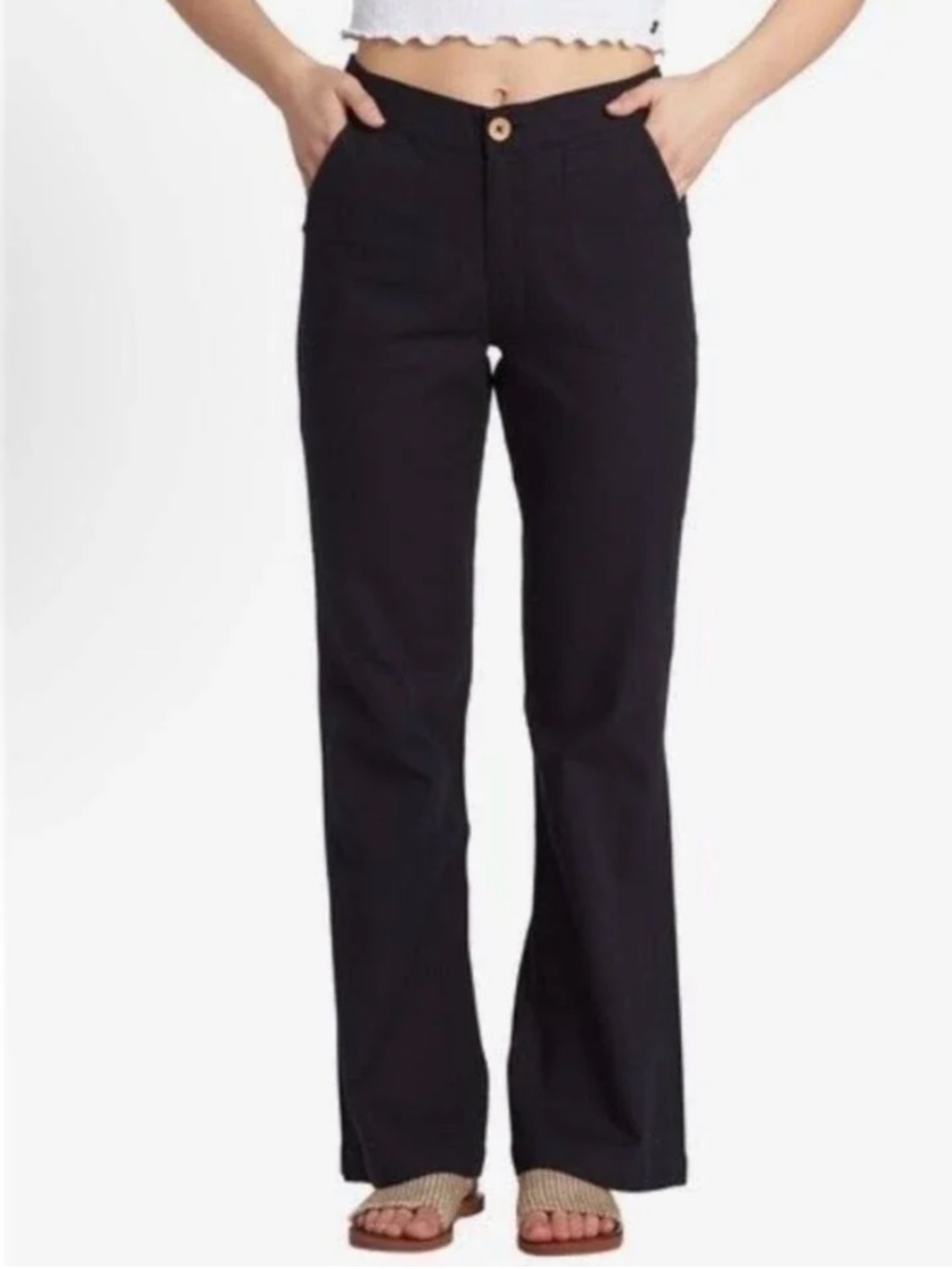 Rare! Roxy Black Linen Pants Women’s Medium Zip Fly Casual Straight Leg